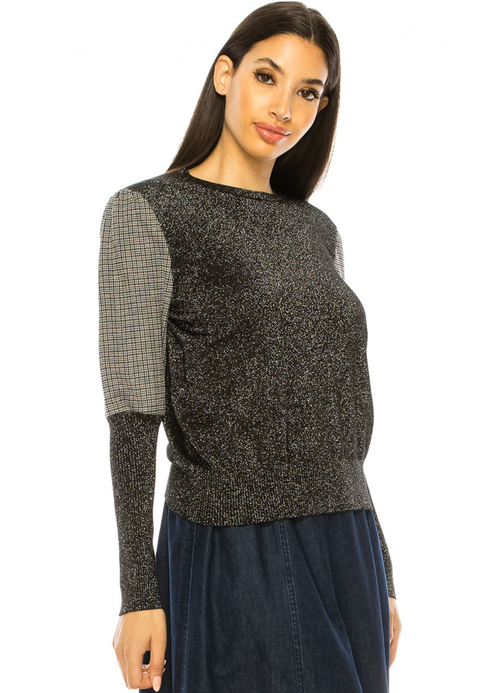 Leg-Of-Mutton Sleeve Sweater In Black Shimmer