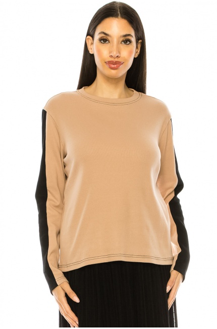 Classic Camel Long Sleeve T-Shirt With Black Stripe Accents