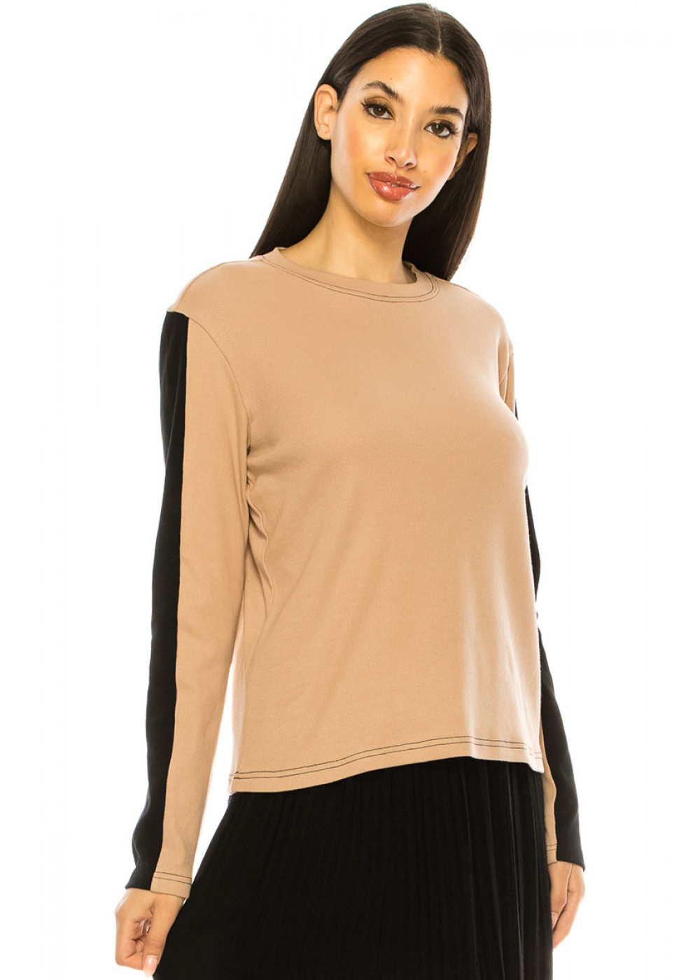 Classic Camel Long Sleeve T-Shirt With Black Stripe Accents
