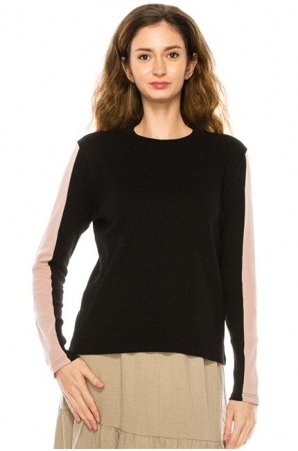 Classic Black Long Sleeve T-Shirt With Pink Stripe Accents