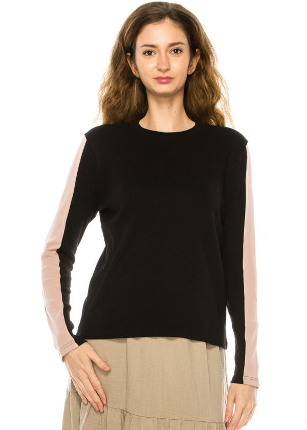 Classic Black Long Sleeve T-Shirt With Pink Stripe Accents