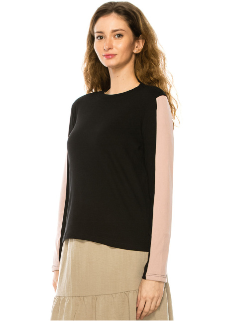 Classic Black Long Sleeve T-Shirt With Pink Stripe Accents