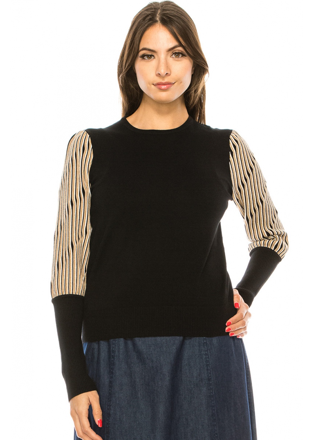 Striped Leg-Of-Mutton Sleeves Sweater