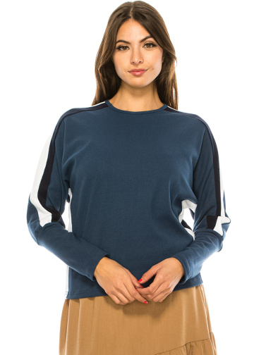 Navy Crew Nack Long Striped Sleeves T-Shirt