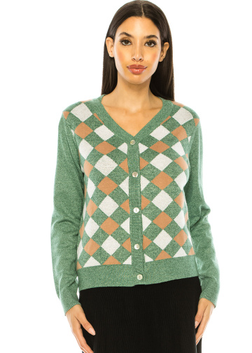 Green V-Neck Geometric Print Cardigan