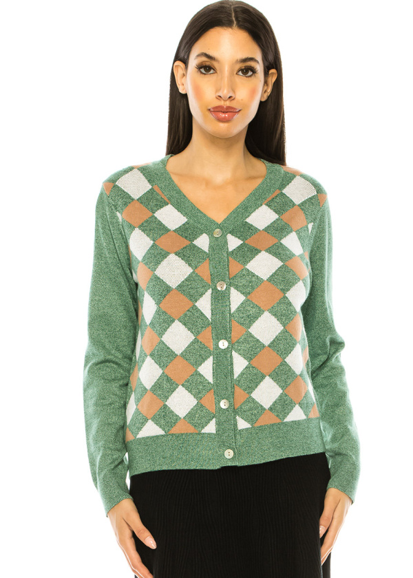 Green V-Neck Geometric Print Cardigan