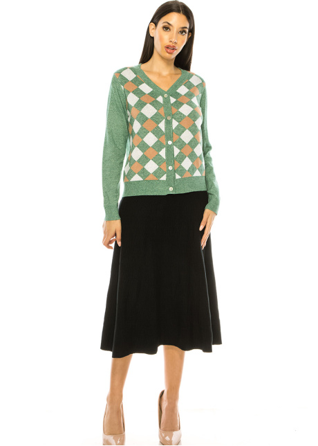 Green V-Neck Geometric Print Cardigan