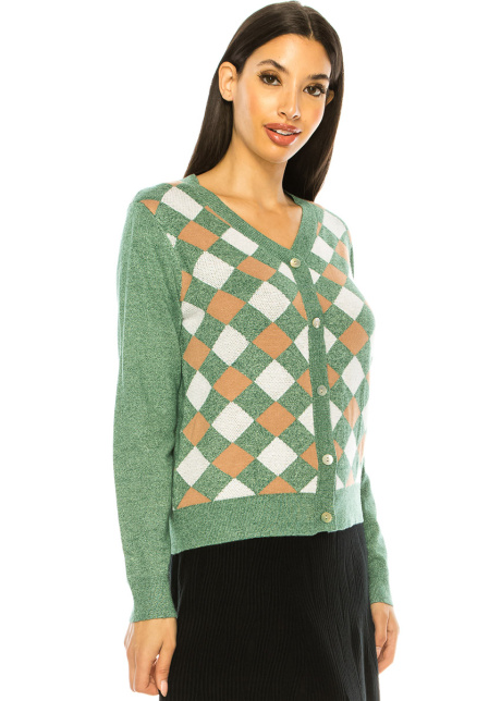 Green V-Neck Geometric Print Cardigan