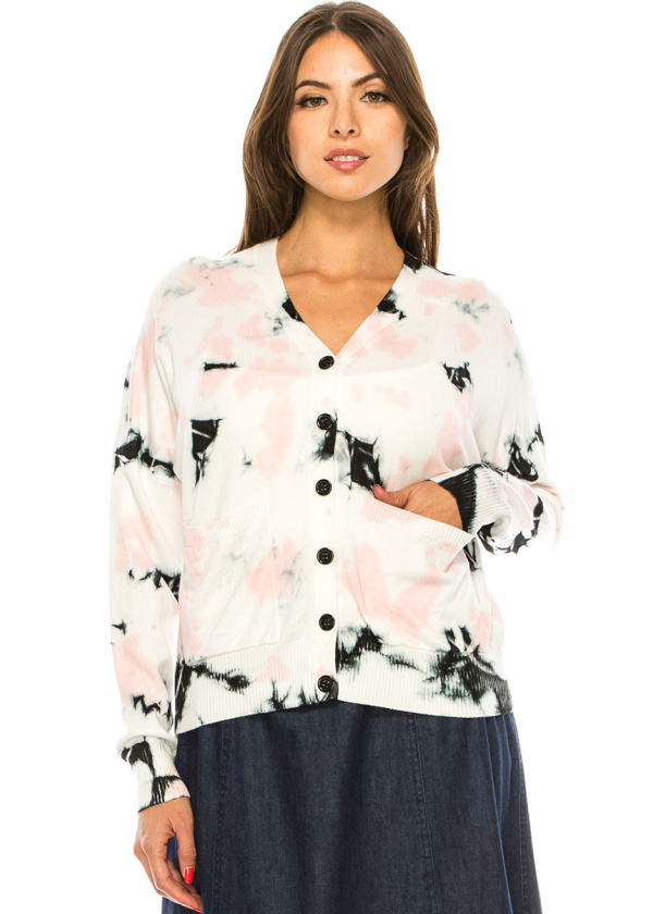 V-Neck Tie Dye Cardigan in White & Pink