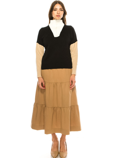 Color Block Zip Sweater in Black
