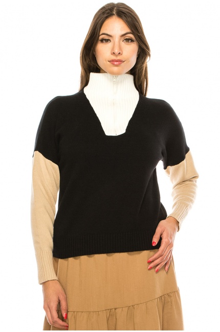 Color Block Zip Sweater in Black