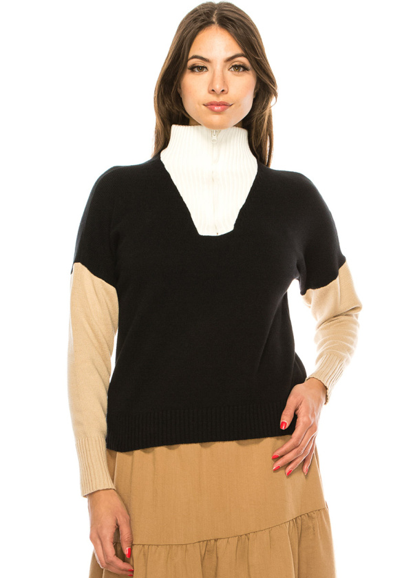 Color Block Zip Sweater in Black