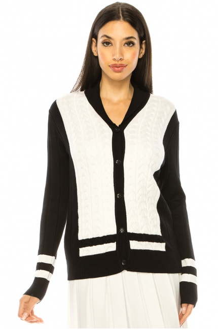 Cable Knit Cardigan In Black & White