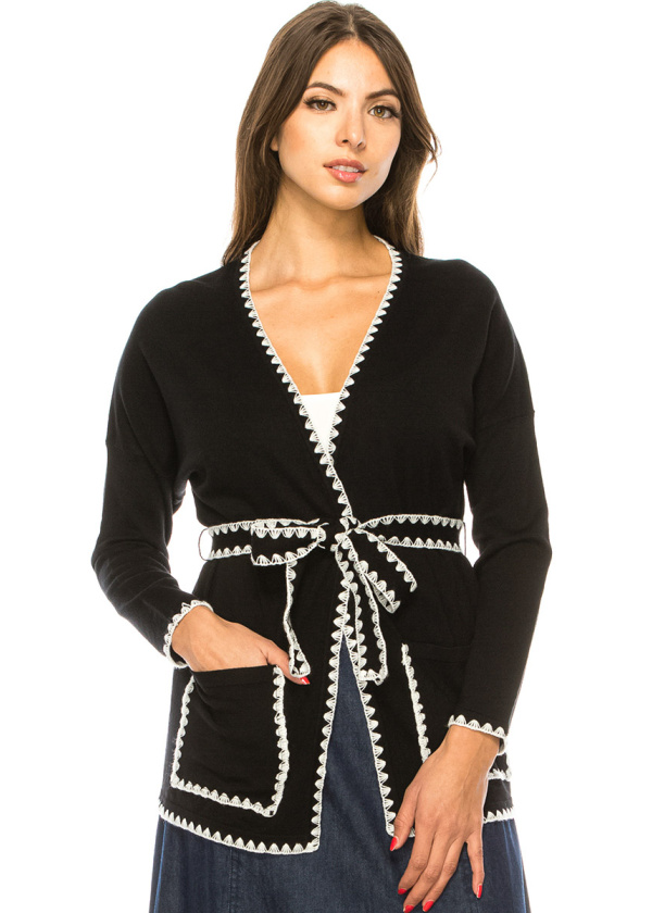 V-Neck Cardigan With A Belt In Black