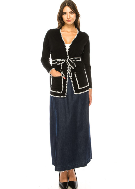 V-Neck Cardigan With A Belt In Black