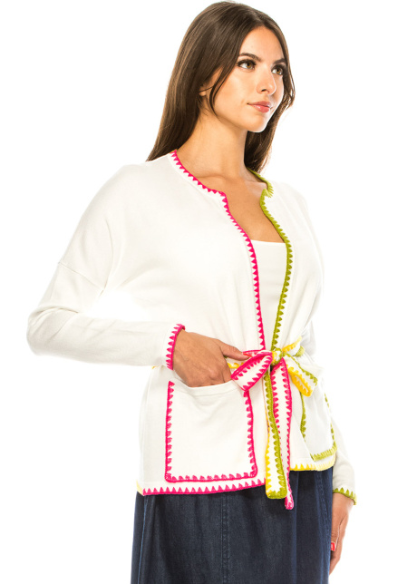 Crew Neck Cardigan With A Belt In White