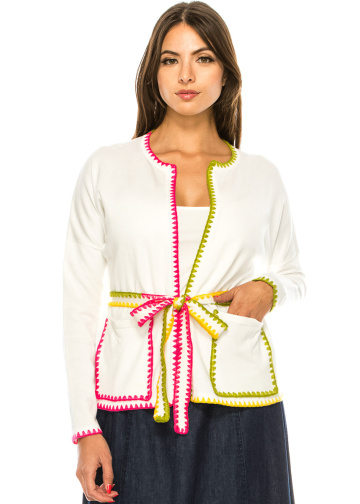 Crew Neck Cardigan With A Belt In White