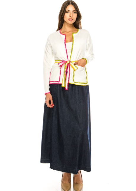 Crew Neck Cardigan With A Belt In White