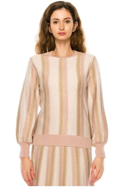 Pink Striped Sweater With Voluminous Sleeves