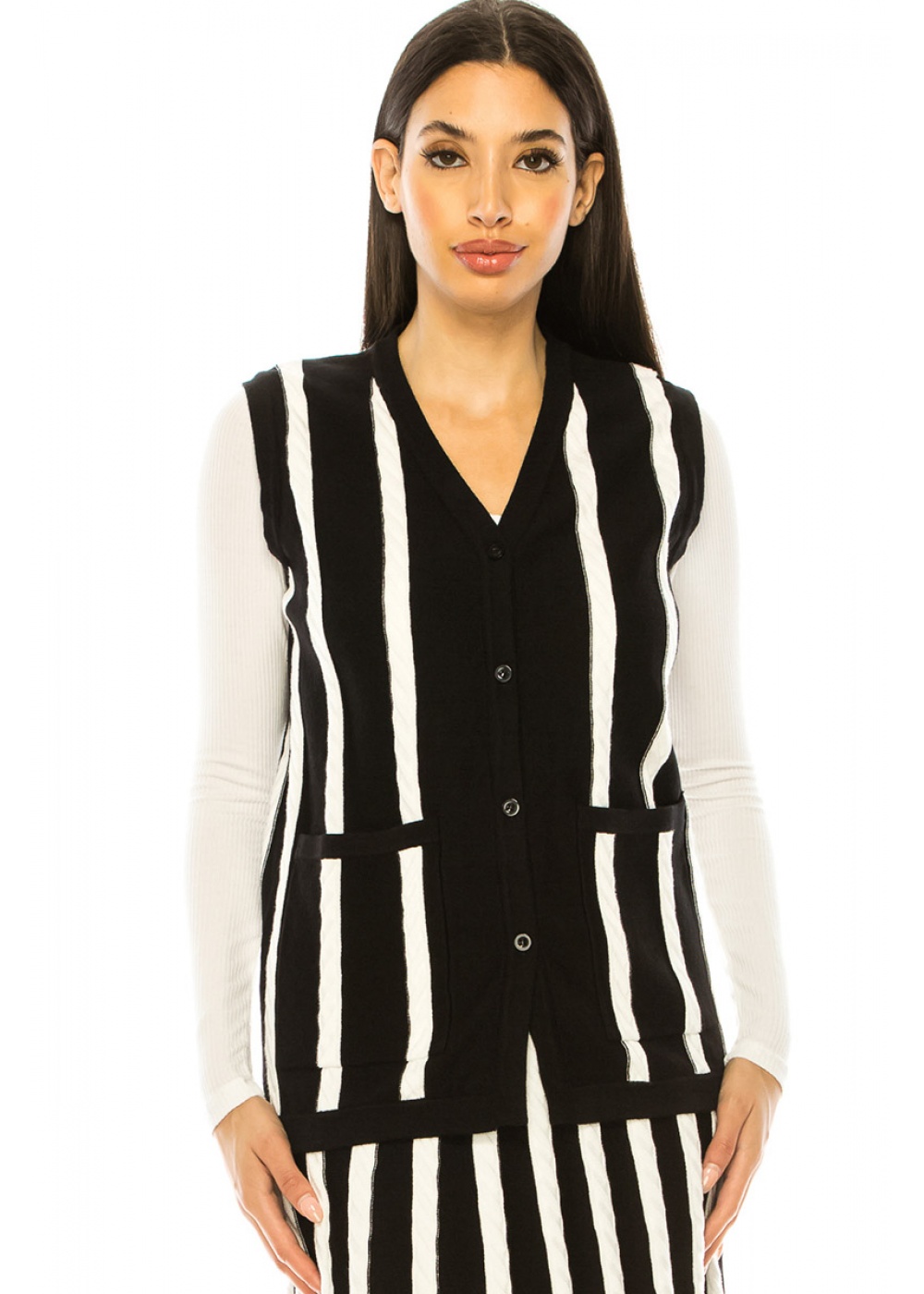 Black Striped Vest With Pockets