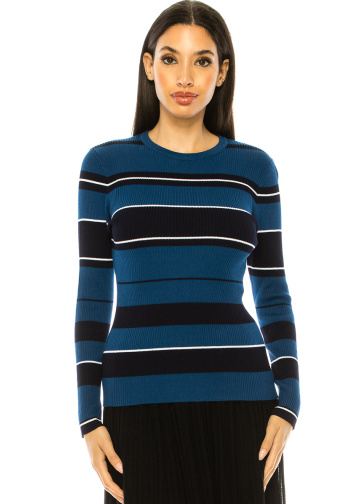 Blue Ribbed Sweater With Stripes