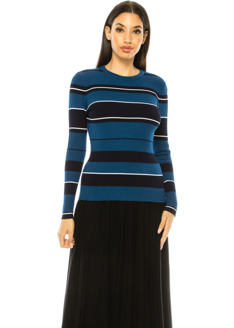Blue Ribbed Sweater With Stripes