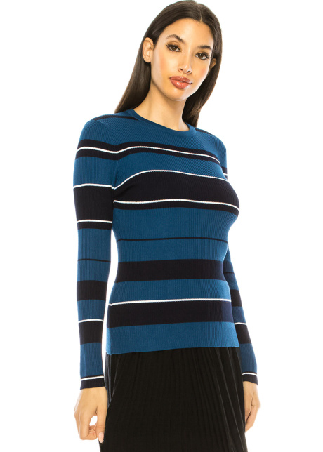 Blue Ribbed Sweater With Stripes
