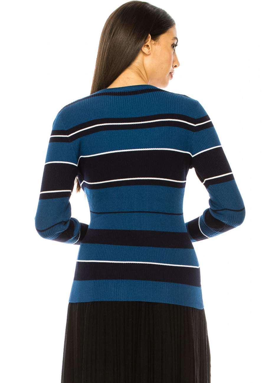 Blue Ribbed Sweater With Stripes