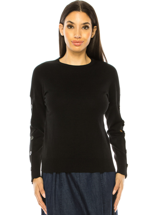 Black Sweater With Button Decor Sleeves