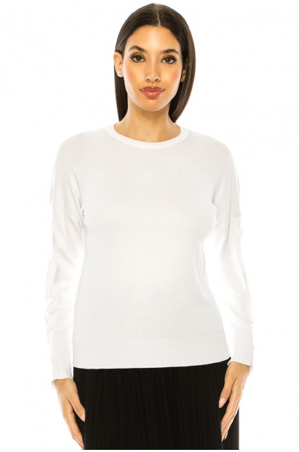 White Sweater With Button Decor Sleeves