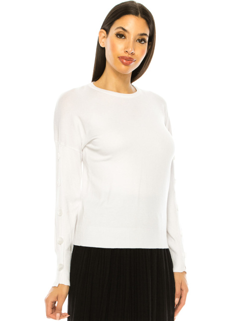 White Sweater With Button Decor Sleeves