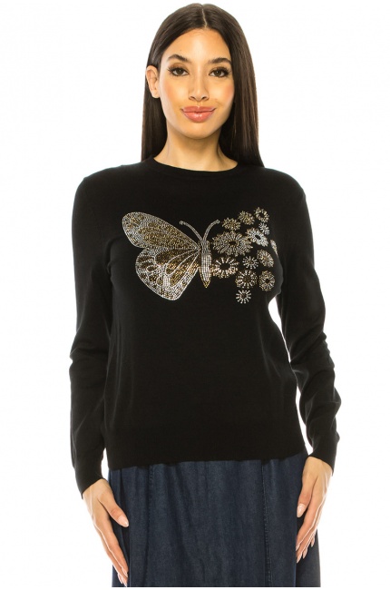Black Embellished Butterfly Knit Sweater