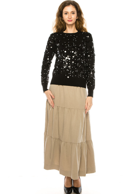 Crew Neck Sequin Sweater in Black