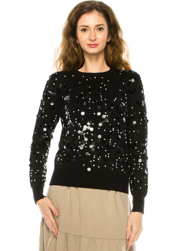 Crew Neck Sequin Sweater in Black