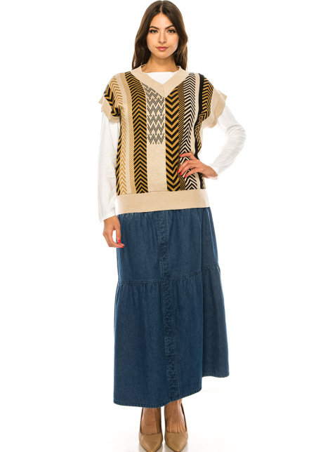 V-Neck Beige Printed Vest