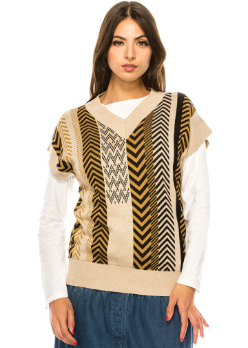 V-Neck Beige Printed Vest