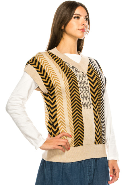 V-Neck Beige Printed Vest