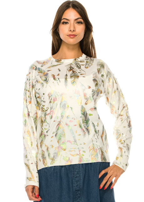 White Feather Print Sweater