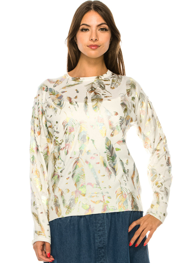 White Feather Print Sweater