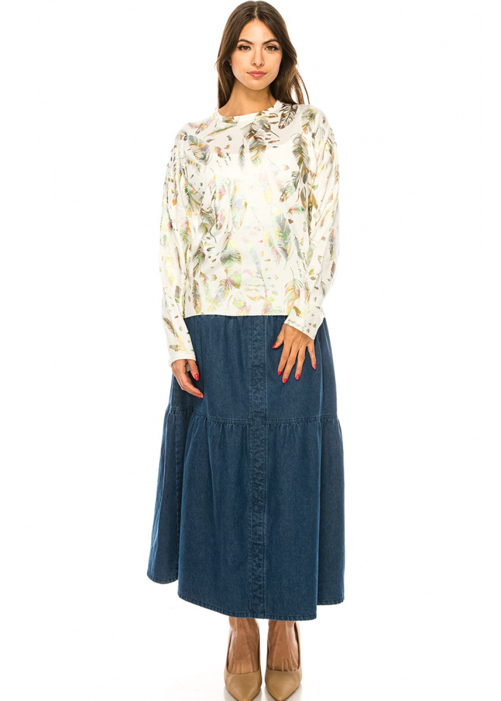 White Feather Print Sweater | Modest Women Clothing - YAL New York