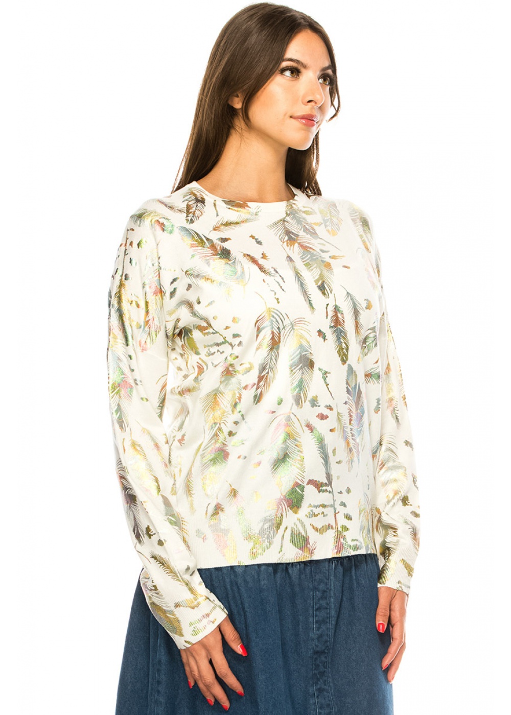 White Feather Print Sweater | Modest Women Clothing - YAL New York