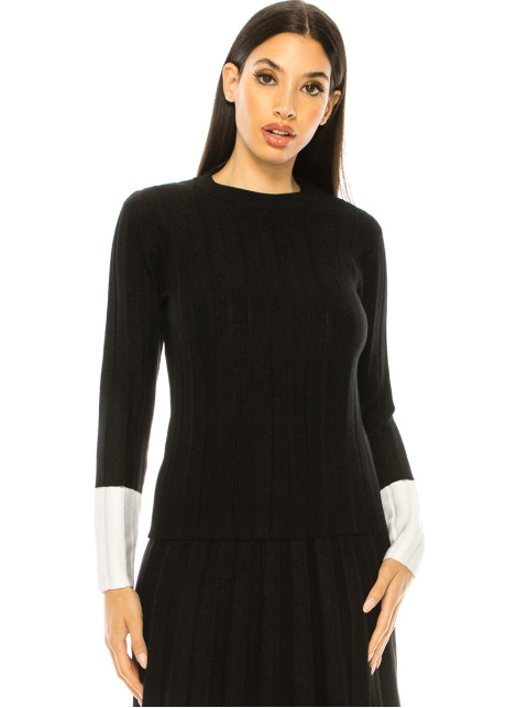 Ribbed Black Sweater With White Cuffs