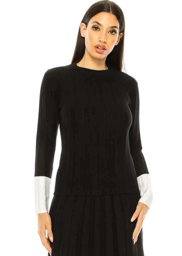 Ribbed Black Sweater With White Cuffs
