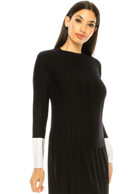 Ribbed Black Sweater With White Cuffs