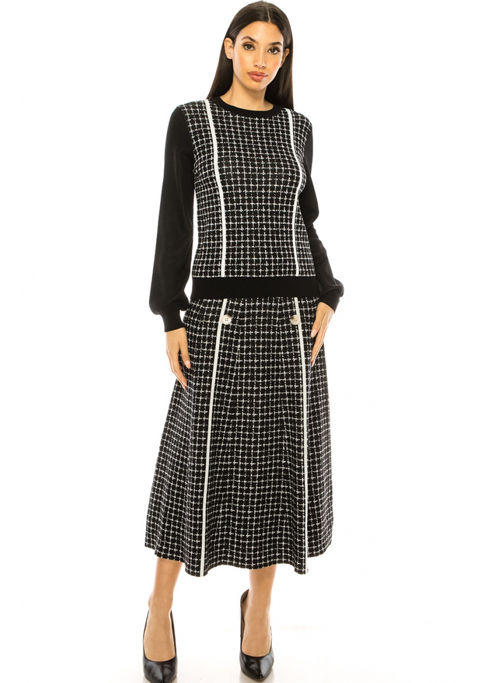  Black Checkered Pattern Midi Skirt