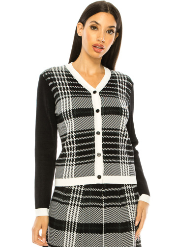 Black And White Plaid Print Cardigan