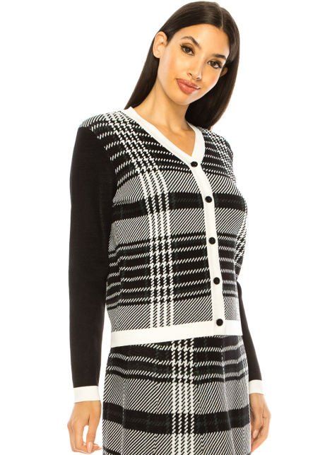 Black And White Plaid Print Cardigan