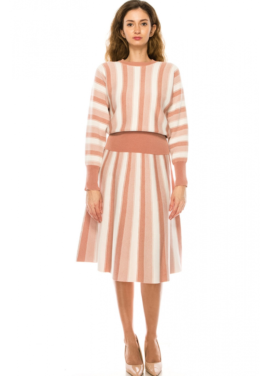 Striped Midi Knit Skirt in Pink And White