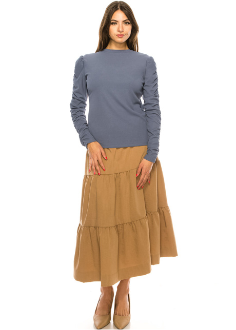 Blue T-Shirt With Draped Long Sleeves