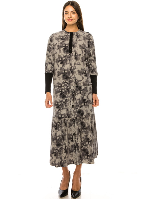 Flared Hem Printed Midi Skirt in Grey